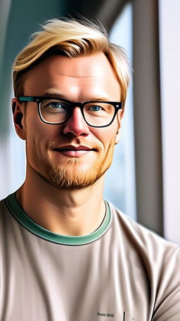 Digital portrait of a Norwegian programmer in his 30s with green eyes, sandy blonde hair, wearing glasses and smart-casual attire