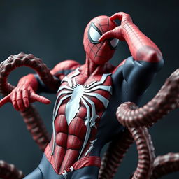 An ultra-realistic figurine of Spider-Man with his iconic suit torn, revealing his defined muscles
