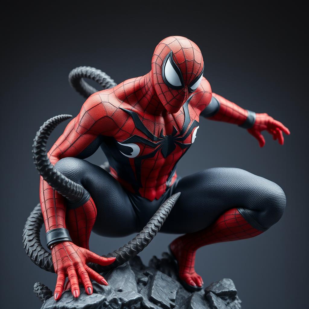 An ultra-realistic figurine of Spider-Man with his iconic suit torn, revealing his defined muscles