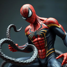 An ultra-realistic figurine of Spider-Man with his iconic suit torn, revealing his defined muscles