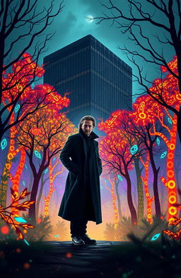 A detective standing at the edge of a mysterious binary forest, surrounded by vibrant trees that seem to flicker like digital code