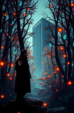 A detective standing at the edge of a mysterious binary forest, surrounded by vibrant trees that seem to flicker like digital code