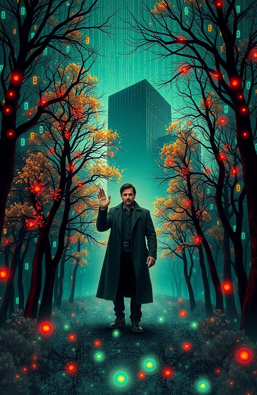 A detective standing at the edge of a mysterious binary forest, surrounded by vibrant trees that seem to flicker like digital code