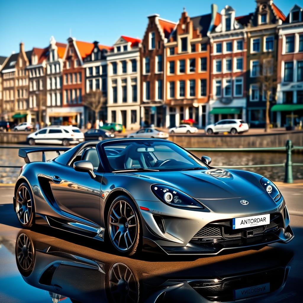 A sleek grey Toyota MR2 Spyder equipped with an eye-catching body kit, beautifully parked against the picturesque backdrop of Amsterdam's iconic canals and historic architecture