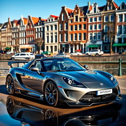 A sleek grey Toyota MR2 Spyder equipped with an eye-catching body kit, beautifully parked against the picturesque backdrop of Amsterdam's iconic canals and historic architecture