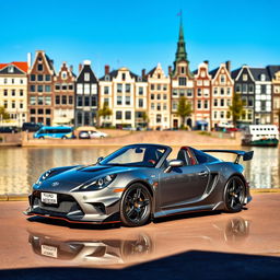 A sleek grey Toyota MR2 Spyder equipped with an eye-catching body kit, beautifully parked against the picturesque backdrop of Amsterdam's iconic canals and historic architecture