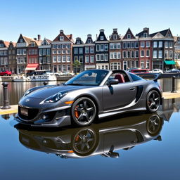 A sleek grey Toyota MR2 Spyder equipped with an eye-catching body kit, beautifully parked against the picturesque backdrop of Amsterdam's iconic canals and historic architecture