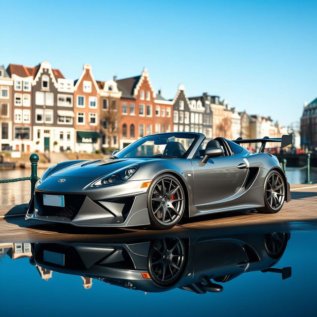 A sleek grey Toyota MR2 Spyder equipped with an eye-catching body kit, beautifully parked against the picturesque backdrop of Amsterdam's iconic canals and historic architecture