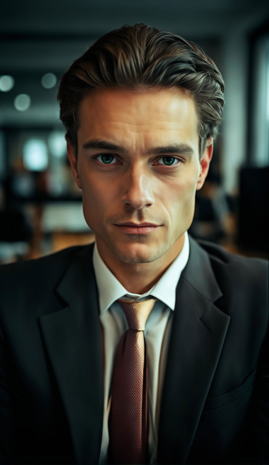 Raw headshot of a Norwegian programmer in his 30s with green eyes and great features