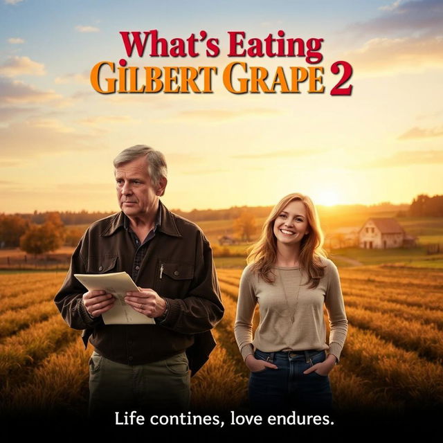 Sequel movie poster for 'What's Eating Gilbert Grape 2', featuring Gilbert, now older, standing in a rural setting reminiscent of the original movie with fields and a farmhouse in the background