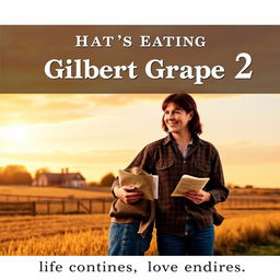 Sequel movie poster for 'What's Eating Gilbert Grape 2', featuring Gilbert, now older, standing in a rural setting reminiscent of the original movie with fields and a farmhouse in the background