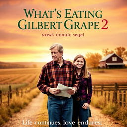 Sequel movie poster for 'What's Eating Gilbert Grape 2', featuring Gilbert, now older, standing in a rural setting reminiscent of the original movie with fields and a farmhouse in the background