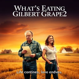 Sequel movie poster for 'What's Eating Gilbert Grape 2', featuring Gilbert, now older, standing in a rural setting reminiscent of the original movie with fields and a farmhouse in the background