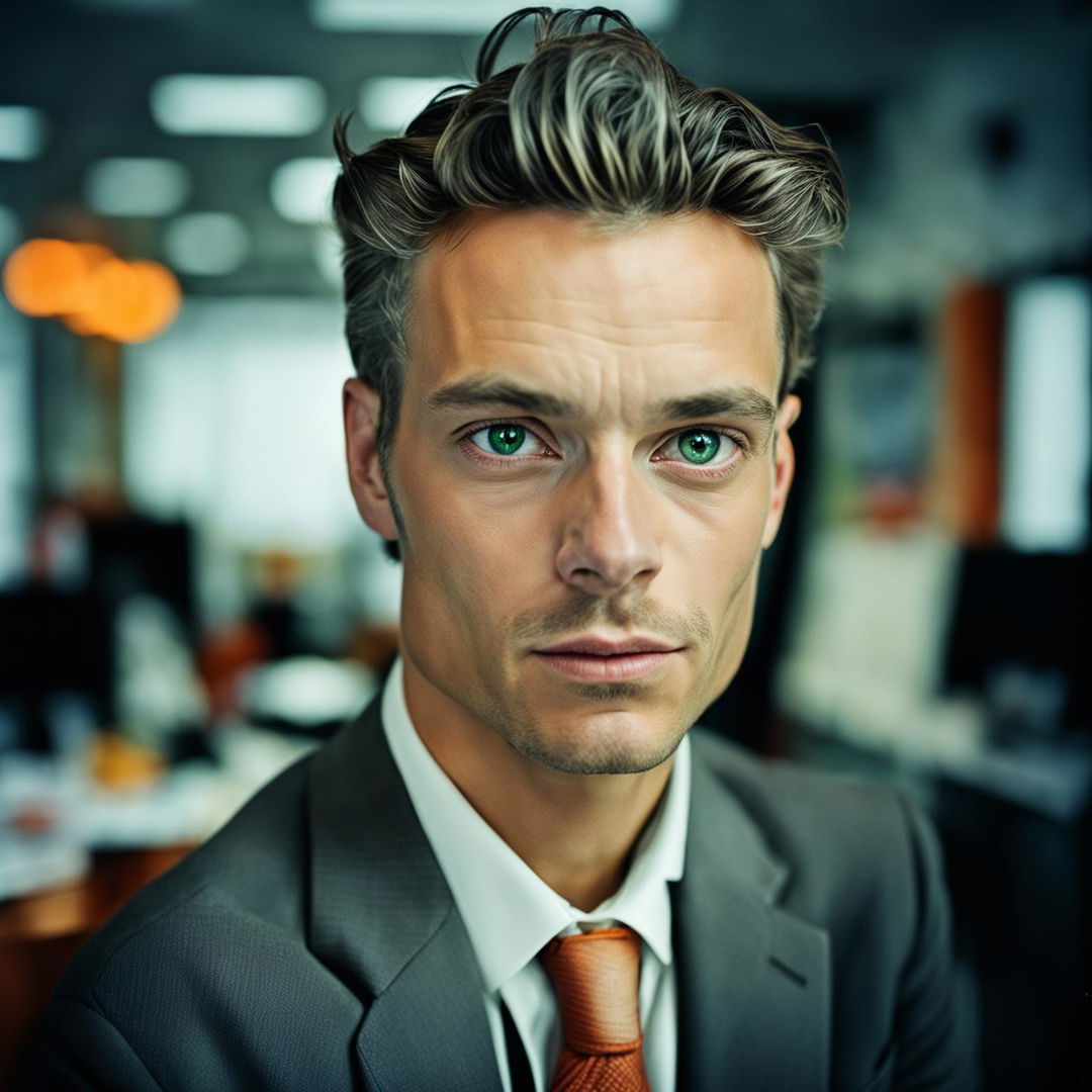 High-quality portrait of a Norwegian programmer in his 30s with green eyes and striking features