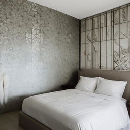 A 6x6 bedroom with intricate ceramic wall designs, giving off a sophisticated and elegant vibe