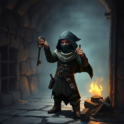 A halfling thief, cleverly disguised with his face obscured by a dark mask, stands poised with a set of rusty keys in hand