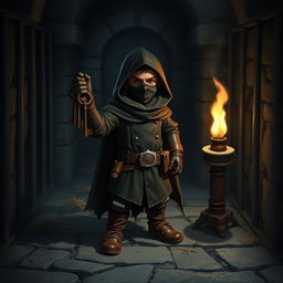 A halfling thief, cleverly disguised with his face obscured by a dark mask, stands poised with a set of rusty keys in hand