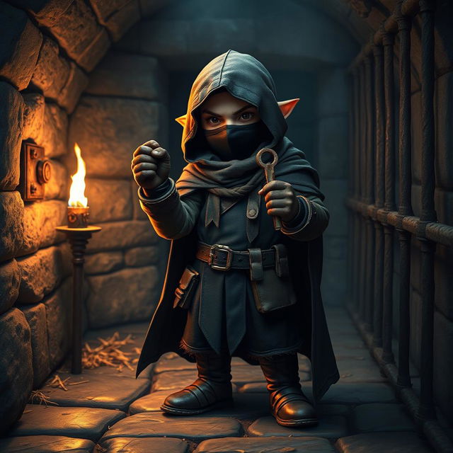 A halfling thief, cleverly disguised with his face obscured by a dark mask, stands poised with a set of rusty keys in hand