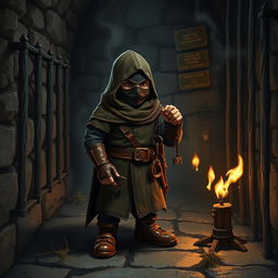 A halfling thief, cleverly disguised with his face obscured by a dark mask, stands poised with a set of rusty keys in hand