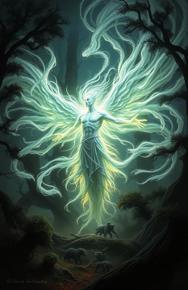 A powerful wind elemental figure, commanding the forces of nature, stands amidst a dangerous forest