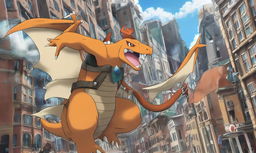 A 2D cartoon depiction of Charizard as a titan from 'Attack on Titan', causing havoc in a city.