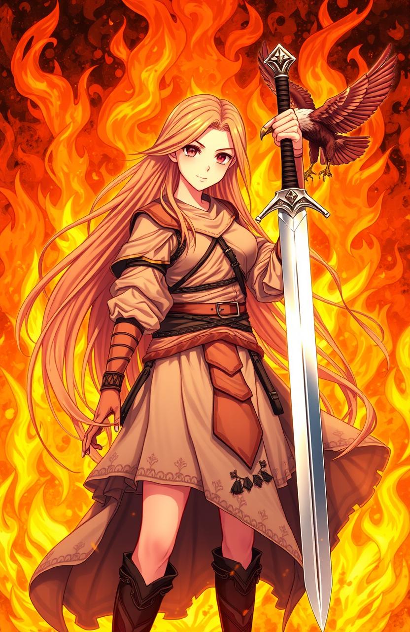 A stunning illustration of a young woman with long flowing hair, standing confidently amidst a backdrop of flames