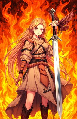 A stunning illustration of a young woman with long flowing hair, standing confidently amidst a backdrop of flames