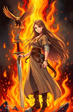 A stunning illustration of a young woman with long flowing hair, standing confidently amidst a backdrop of flames