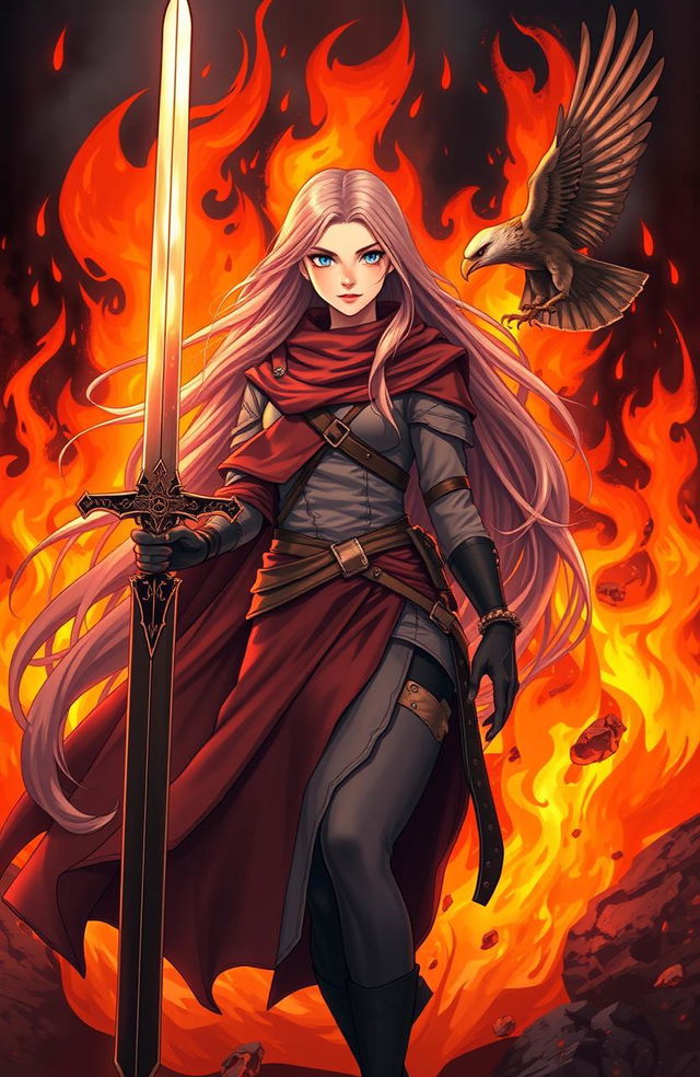 A stunning illustration of a young woman with long flowing hair, standing confidently amidst a backdrop of flames