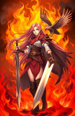 A stunning illustration of a young woman with long flowing hair, standing confidently amidst a backdrop of flames