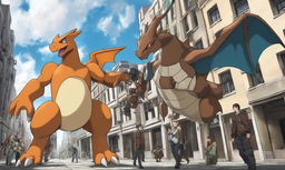 A 2D cartoon depiction of Charizard as a titan from 'Attack on Titan', causing havoc in a city.