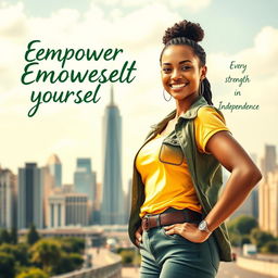 A powerful and inspiring empowerment poster featuring a confident, strong woman standing alone in a beautiful urban environment