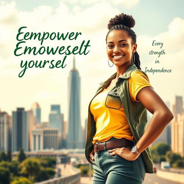 A powerful and inspiring empowerment poster featuring a confident, strong woman standing alone in a beautiful urban environment