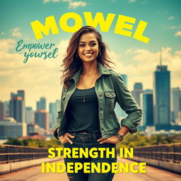 A powerful and inspiring empowerment poster featuring a confident, strong woman standing alone in a beautiful urban environment