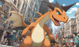 A 2D cartoon depiction of Charizard as a titan from 'Attack on Titan', causing havoc in a city.