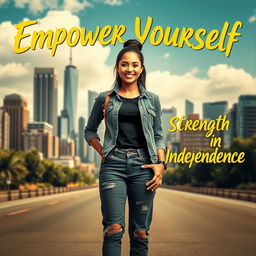 A powerful and inspiring empowerment poster featuring a confident, strong woman standing alone in a beautiful urban environment