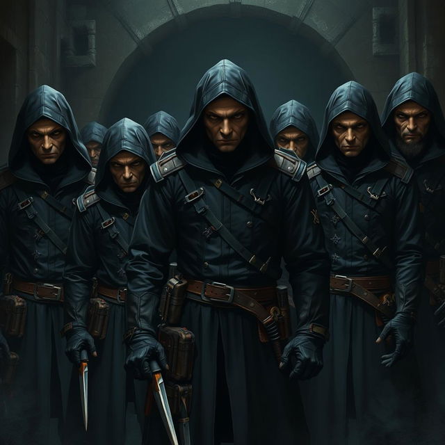 In a dark and foreboding Dungeons & Dragons inspired scene, a group of hired assassins surrounds the periphery, their menacing and sinister appearance evoking fear and unease