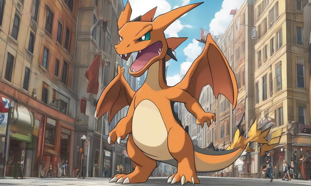 A 2D cartoon depiction of Charizard as a titan from 'Attack on Titan', causing havoc in a city.