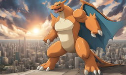 A 2D cartoon depiction of Charizard as a titan from 'Attack on Titan', standing alone without a city backdrop.