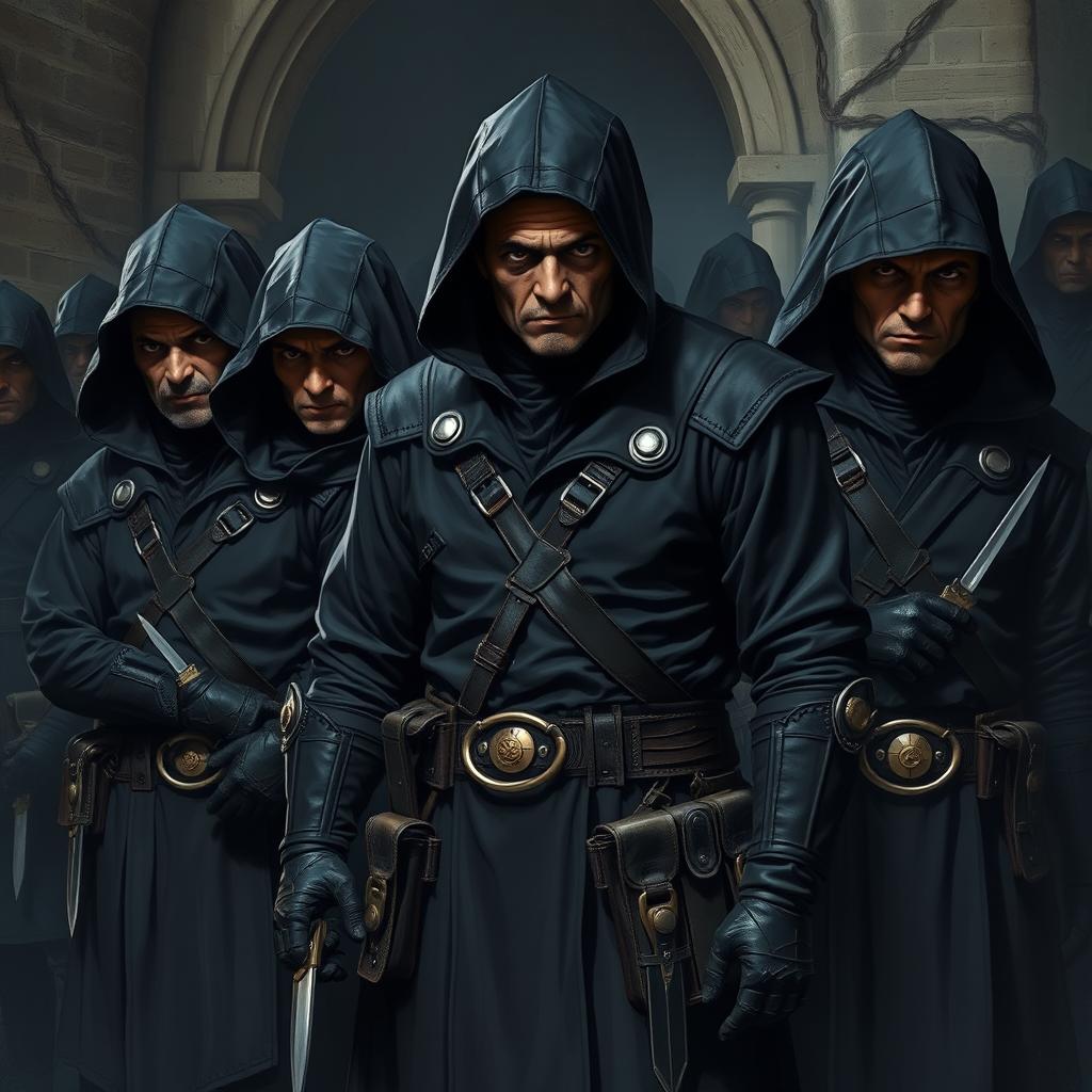 In a Dungeons & Dragons themed scene, a group of hired assassins looms menacingly, their sinister appearance evoking fear and unease