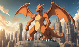 A 2D cartoon depiction of Charizard as a titan from 'Attack on Titan', standing alone without a city backdrop.