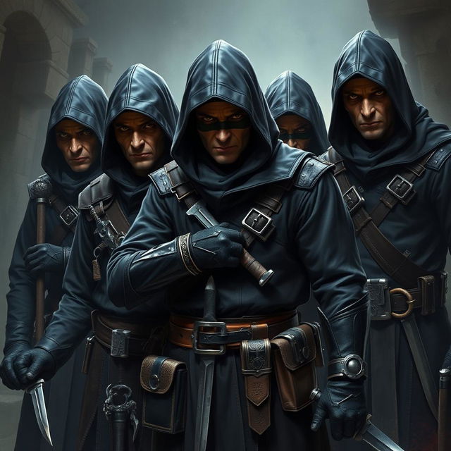 In a Dungeons & Dragons themed scene, a group of hired assassins looms menacingly, their sinister appearance evoking fear and unease