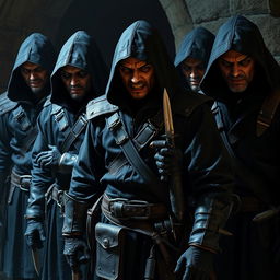 In a Dungeons & Dragons themed scene, a group of hired assassins looms menacingly, their sinister appearance evoking fear and unease