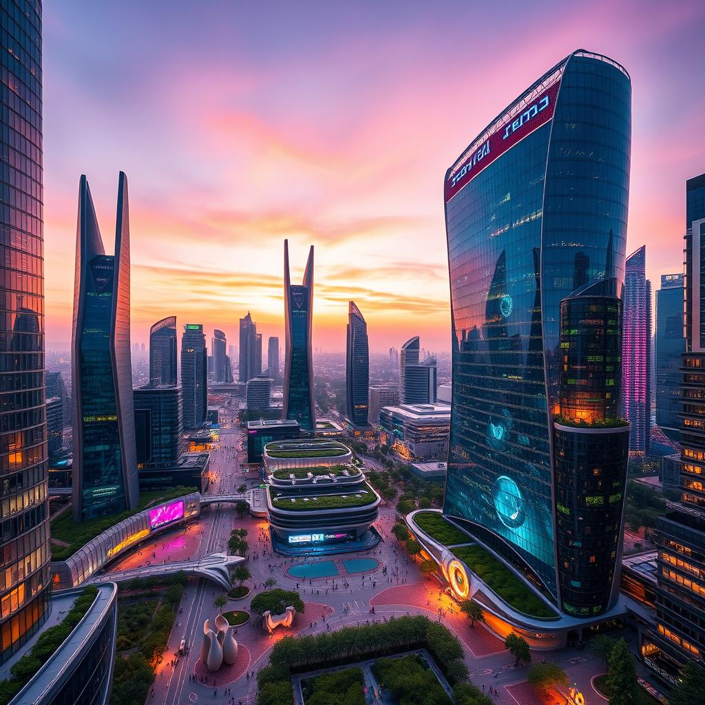 A stunning view of a futuristic urban skyline of Tehran, showcasing cutting-edge architecture with sleek, glass-covered skyscrapers, innovative designs, and advanced technological features