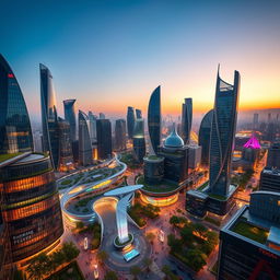 A stunning view of a futuristic urban skyline of Tehran, showcasing cutting-edge architecture with sleek, glass-covered skyscrapers, innovative designs, and advanced technological features