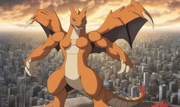 A 2D cartoon depiction of Charizard as a titan from 'Attack on Titan', standing alone without a city backdrop.