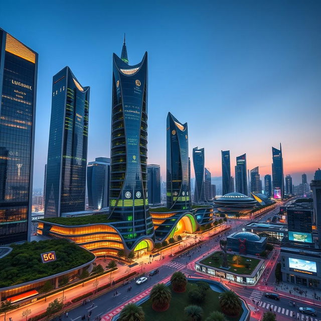 A stunning view of a futuristic urban skyline of Tehran, showcasing cutting-edge architecture with sleek, glass-covered skyscrapers, innovative designs, and advanced technological features