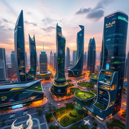 A stunning view of a futuristic urban skyline of Tehran, showcasing cutting-edge architecture with sleek, glass-covered skyscrapers, innovative designs, and advanced technological features