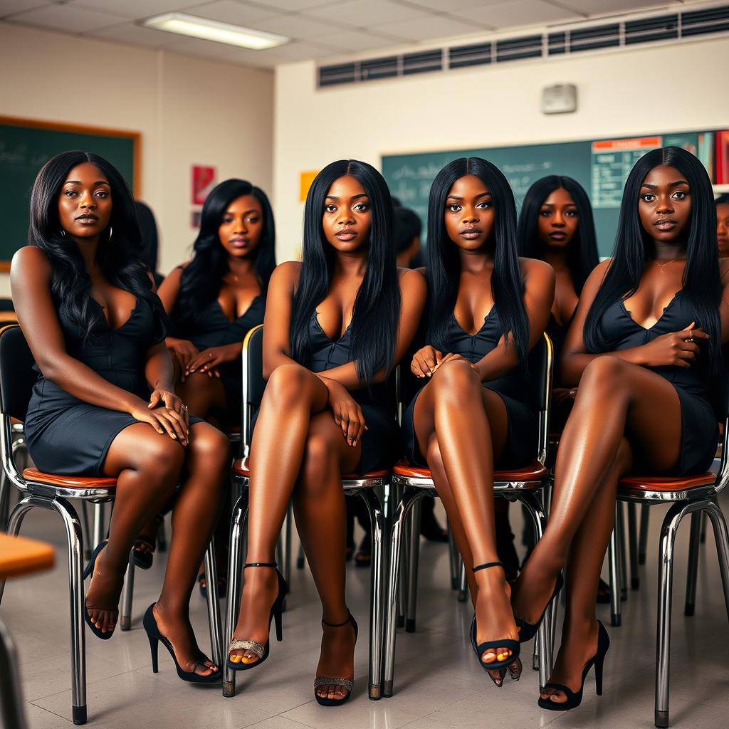 A classroom scene featuring several African women seated in a row of chairs, each wearing similar sexy clothing