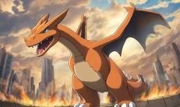 A 2D cartoon depiction of Charizard as a titan from 'Attack on Titan', standing alone without a city backdrop.